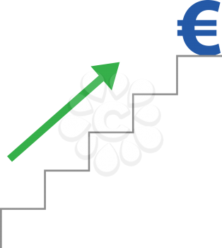 Vector grey stairs with blue euro symbol on top and green arrow moving up.
