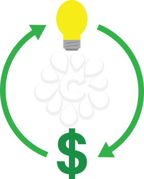 Vector yellow light bulb and green dollar symbol with green cycle arrows.
