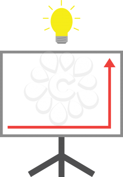 Vector glowing light yellow bulb above presentation chart with red arrow moving up.