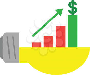 Vector half yellow light bulb with red and green business chart and dollar on top and arrow moving up.