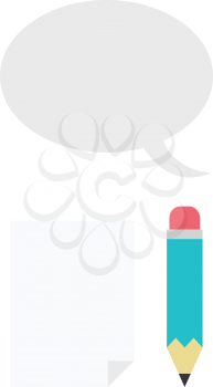 Vector turquoise pencil with blank paper and grey speech bubble.