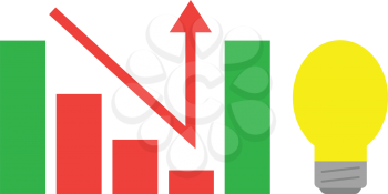 Vector red and green bar chart with yellow light bulb and red arrow down and up.