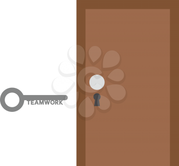 Vector grey teamwork key with brown door and keyhole.