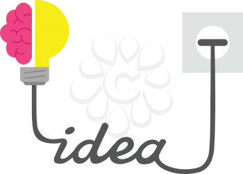 Vector pink brain and yellow light bulb with text idea and plugged.