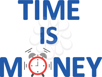 Vector time is money text with alarm clock shaking and ringing.