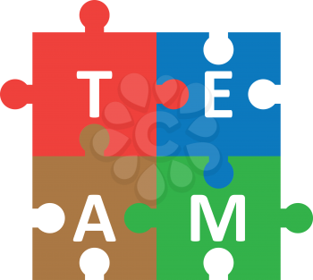 Vector red blue brown green jigsaw puzzle pieces forming team.