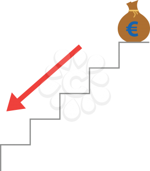 Vector grey stairs with brown money sack with euro symbol on top and red arrow moving down.
