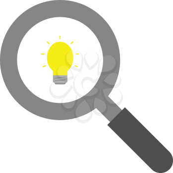 Vector grey magnifier with yellow light bulb symbol.