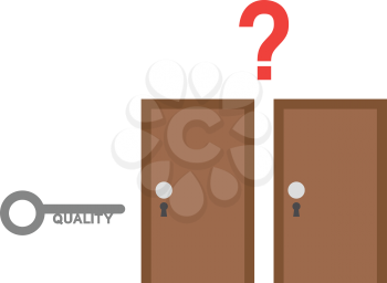 Vector grey quality key with two brown doors and red question mark.