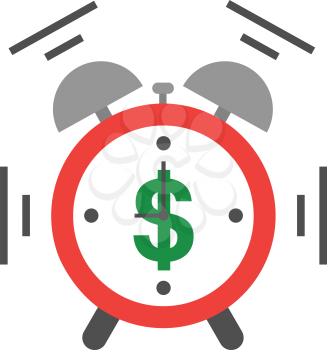Vector of an alarm clock with green dollar shaking and ringing at 9:00.