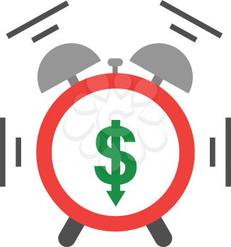 Vector of an alarm clock shaking and ringing include green dollar with arrow moving down.