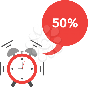 Vector of an alarm clock shaking and ringing with speech bubble and 50 percent.