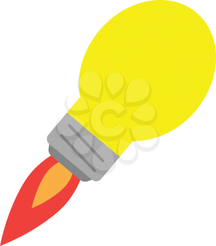 Vector yellow light bulb rocket ship flying on white.