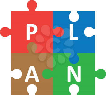 Vector red blue brown green jigsaw puzzle pieces forming plan.