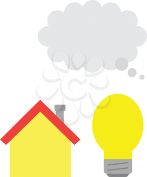 Vector yellow house and glowing light bulb with grey thought bubble.