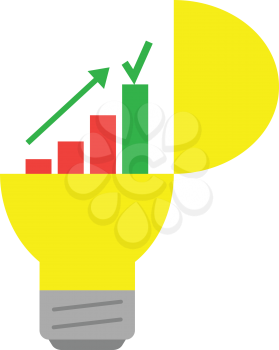 Vector open yellow light bulb with business chart arrow pointing up and check mark on top.