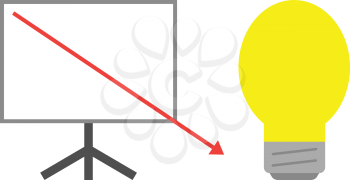 Vector white board with yellow light bulb and red arrow pointing way down.