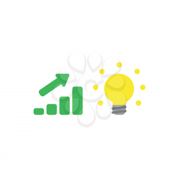 Flat design style vector illustration concept of green sales bar chart symbol icon with arrow pointing up and glowing yellow light bulb symbolizes good idea on white background.