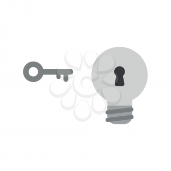 Flat design style vector illustration concept of grey light bulb symbol icon with black keyhole and grey key on white background.