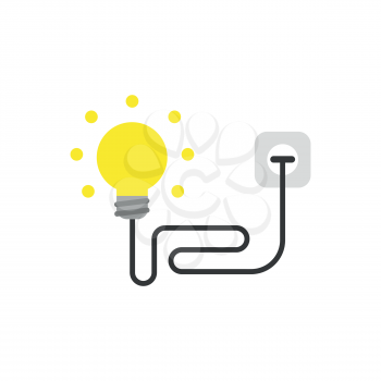 Flat design style vector illustration concept of yellow light bulb with black wire plugged into outlet on white background.
