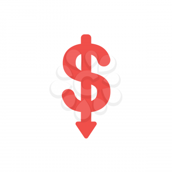 Flat design style vector illustration concept of red dollar symbol icon with arrow pointing down on white background.