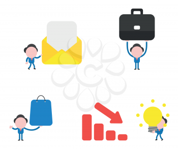 Vector illustration set of businessman mascot character holding envelope with blank paper, briefcase, shopping bag and idea light bulb to sales bar chart moving down.