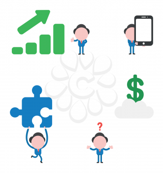 Vector illustration set of businessman mascot character with sales bar chart moving up, holding smartphone, running and carrying missing puzzle piece and confused about reach dollar on cloud.