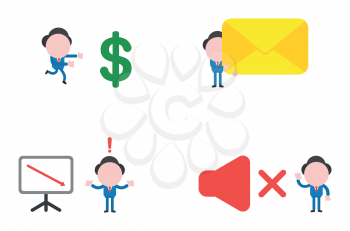 Vector illustration set of businessman mascot character running to dollar, holding closed mail envelope, confused about sales chart arrow moving down and with sound off symbol.