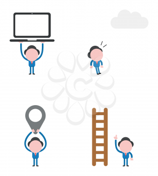 Vector illustration set of businessman mascot character holding up laptop computer, looking cloud, holding up map pointer and with wooden ladder and pointing up.