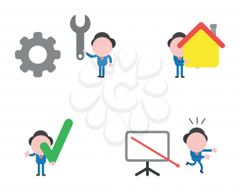 Vector illustration set of businessman mascot character holding spanner to gear, holding house, check mark and running away from sales chart arrow moving down.