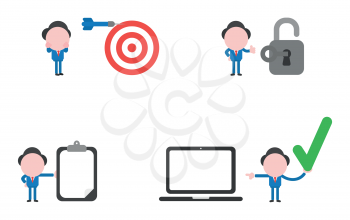 Vector illustration set of businessman mascot character with bulls eye dart miss the target, key unlock padlock, with clipboard and blank paper, holding check mark and pointing laptop computer.