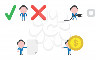 Vector illustration set of businessman mascot character between check mark and x mark, walking and holding plug to outlet, holding blank paper, and holding dollar money coin and pointing.