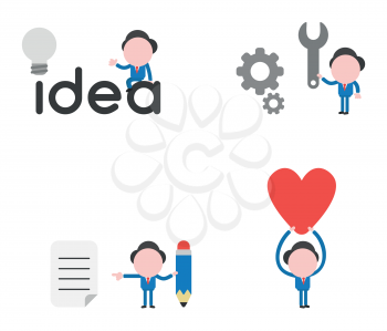 Vector illustration set of businessman mascot character sitting on idea word with grey light bulb bad idea, holding spanner to gears, holding pencil and pointing written paper and holding up heart.