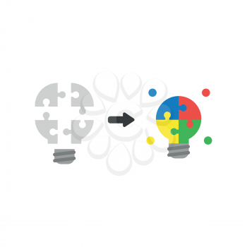 Vector illustration icon concept of light bulb jigsaw puzzle pieces connected and glowing.
