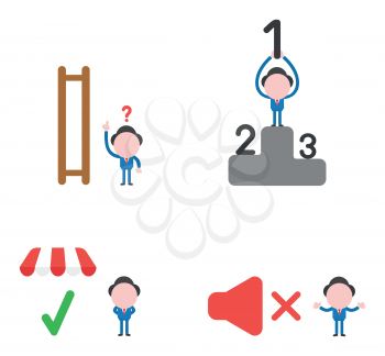Vector illustration set of businessman mascot character confused about ladders missing steps, holding up number one at first place of winners podium, with check mark under shop store, with sound off symbol.