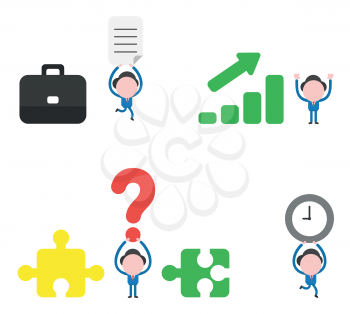 Vector illustration set of businessman mascot character with briefcase and carrying written paper, with sales bar garph moving up, holding up question mark between incompatible puzzle pieces and running and holding up clock.
