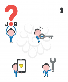 Vector illustration set of businessman mascot character holding up job with question mark, holding key and looking keyhole above, holding smartphone with guard shield, walking and holding spanner.