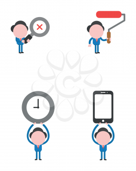 Vector illustration set of businessman mascot character holding magnifying glass with x mark, paint roller brush, holding up clock and smartphone.