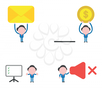 Vector illustration set of businessman mascot character holding up closed mail envelope and dollar money coin with moneybox, with three check marks inside presentation chart, holding sound off symbol.