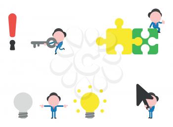 Vector illustration set of businessman mascot character carrying key to unlock exclamation mark keyhole, sitting on two connected puzzle betwen grey and glowing light bulbs and holding mouse cursor.