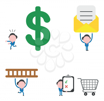 Vector illustration set of businessman mascot character running away from big dollar, holding up envelope with paper, carrying ladder and holding clipboard with check and x marks with shopping cart.