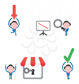Vector illustration set of businessman mascot character carrying arrow down, holding magnifying glass to sales chart arrow down, unlock store and holding up check mark.