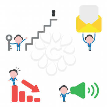 Vector illustration set of businessman mascot character holding key and pointing keyhole at top of stairs, holding up envelope with paper, on top of sales bar graph down and holding sound on symbol.