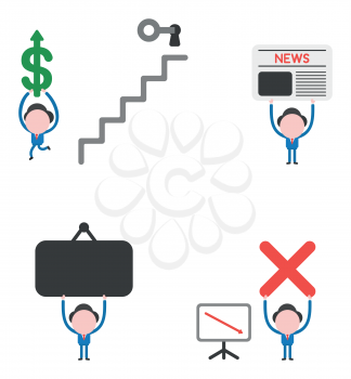 Vector illustration set of businessman mascot character unlock keyhole with key on top of stairs and carrying dollar up, holding up newspaper, hanging sign, x mark with sales chart arrow down.