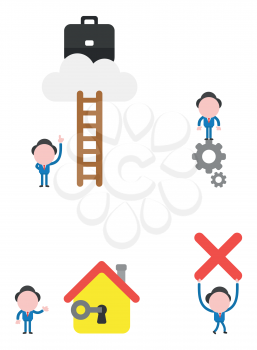 Vector illustration set of businessman mascot character reach briefcase with ladder on cloud, on gears, unlock house with key, carrying x mark.