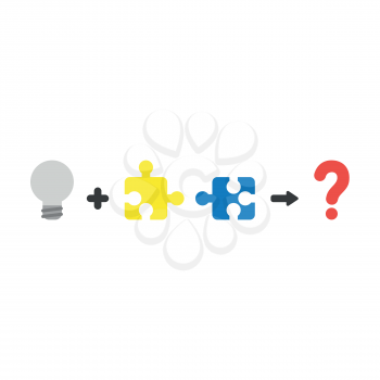 Vector illustration icon concept of bad idea grey light bulb plus incompatible puzzle pieces with question mark.