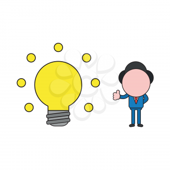 Vector illustration concept of businessman character with glowing light bulb and showing thumbs-up. Color and black outlines.