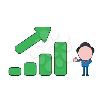 Vector illustration concept of businessman character with sales bar graph moving up and giving thumbs-up. Color and black outlines.