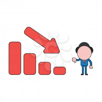 Vector illustration concept of businessman character with sales bar graph moving down and giving thumbs-down. Color and black outlines.