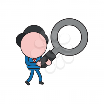 Vector illustration concept of businessman character walking and holding magnifying glass. Color and black outlines.